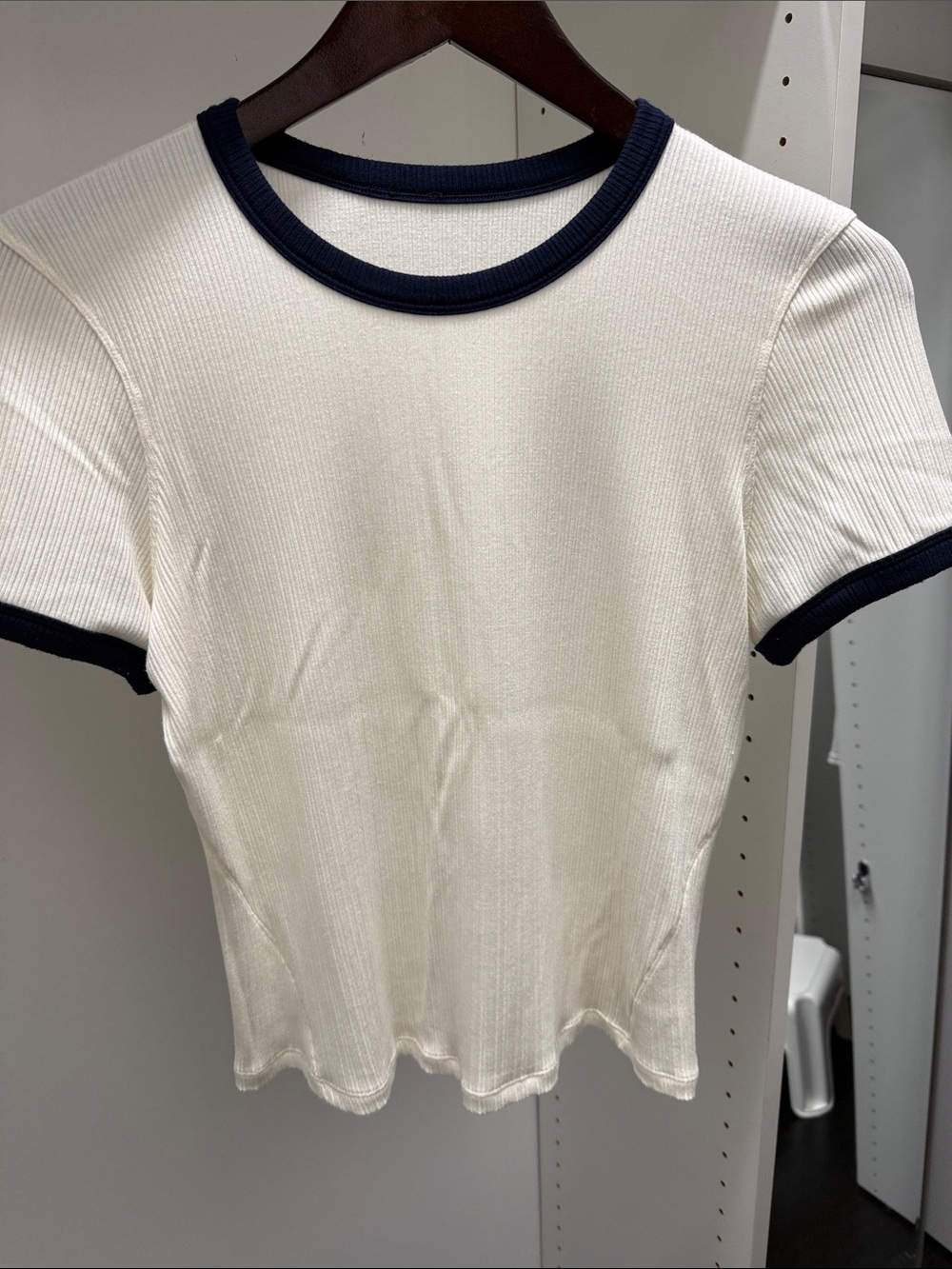 Lululemon hold tight micro rib straight hem Tee - White with Navy Trim